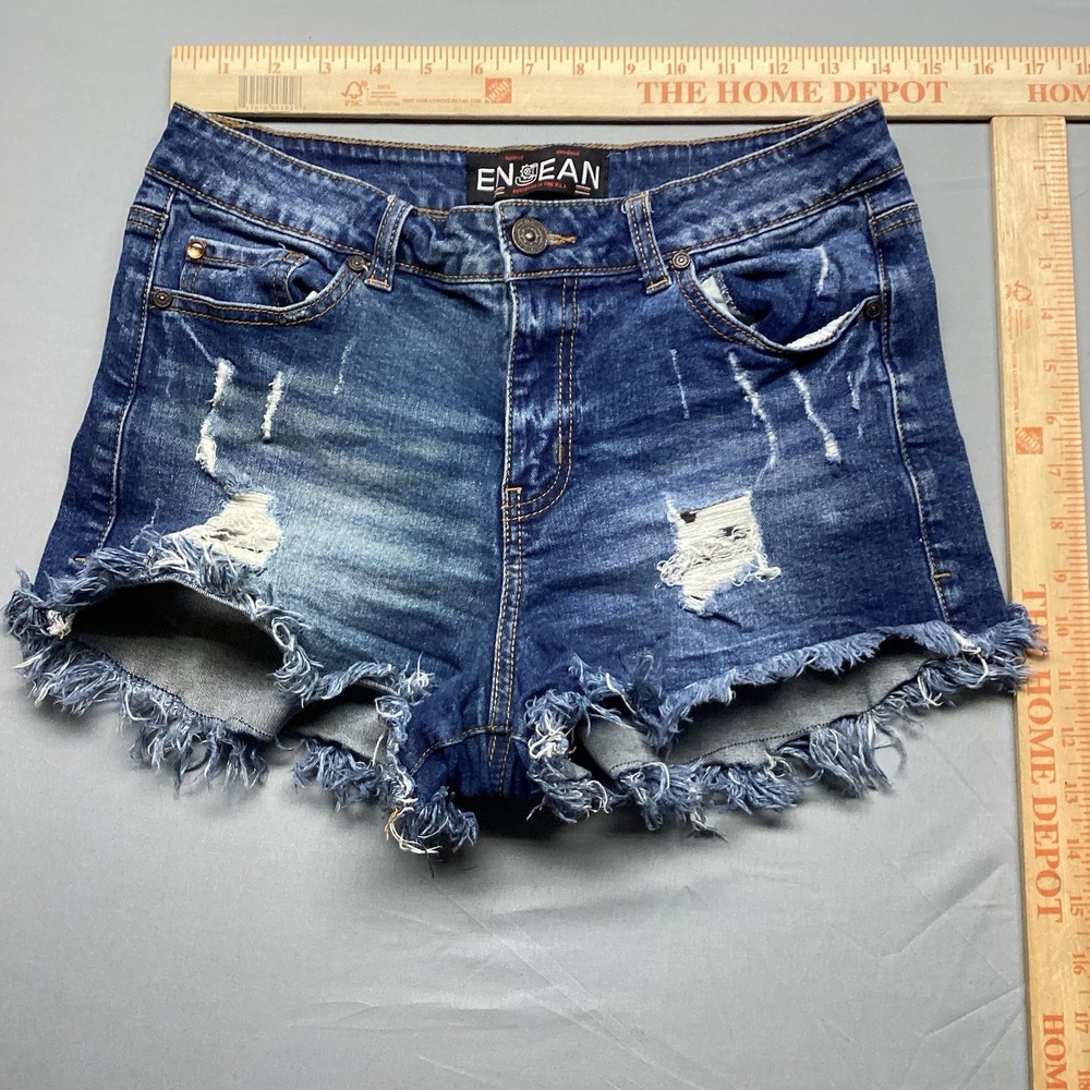Enjean Womens Medium Distressed Denim Shorts Mid Rise Frayed Raw Hem Cutoffs
